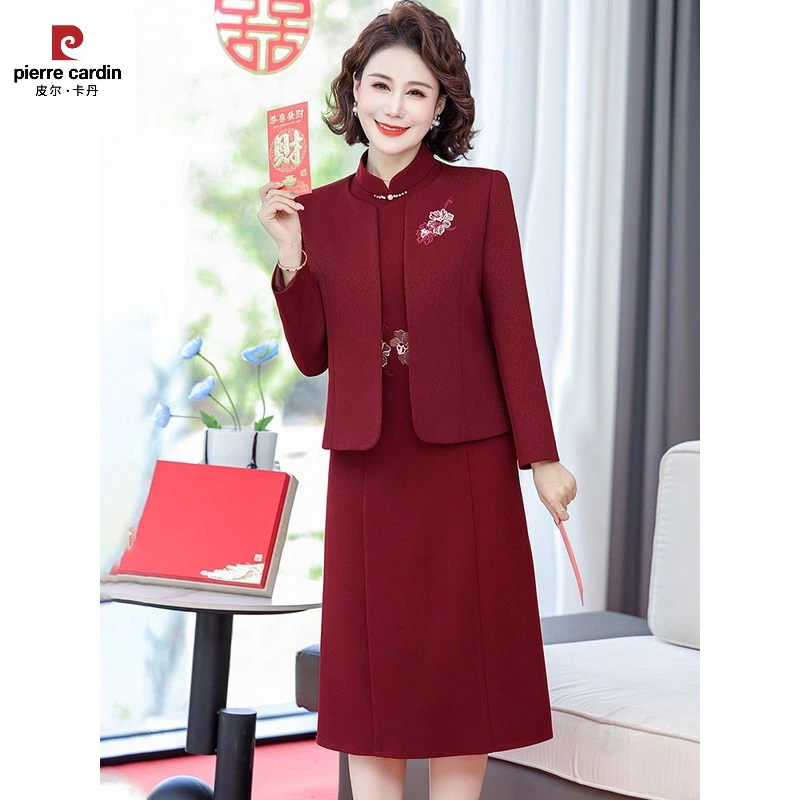 皮尔卡丹婚礼妈妈礼服高贵旗袍中老年女春秋喜婆婆婚宴装中式连衣