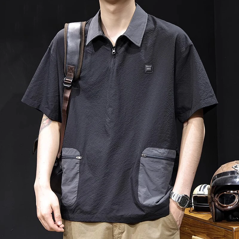 设计感拼接撞色冰丝凉感短袖Polo衫男夏季新款拉链口袋半袖体恤衫