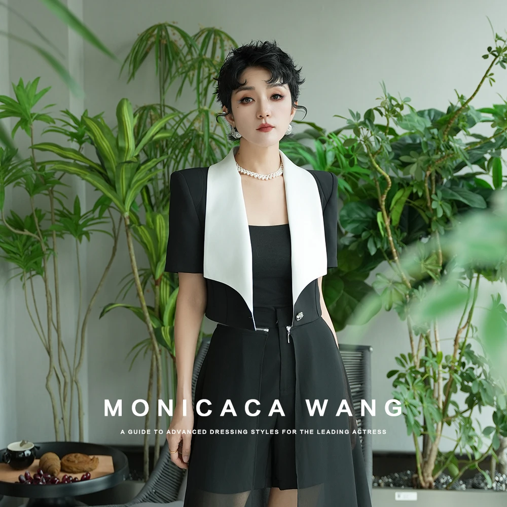 【莫妮卡卡】长41）2025春夏百搭洋气短款时尚短袖西装外套S82017-2