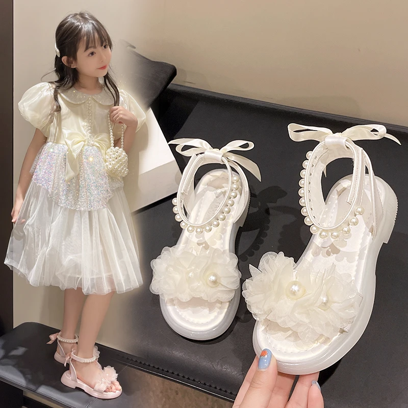 女童凉鞋2025新款夏季小女孩时尚可爱女童鞋软底蝴蝶结珍珠公主鞋