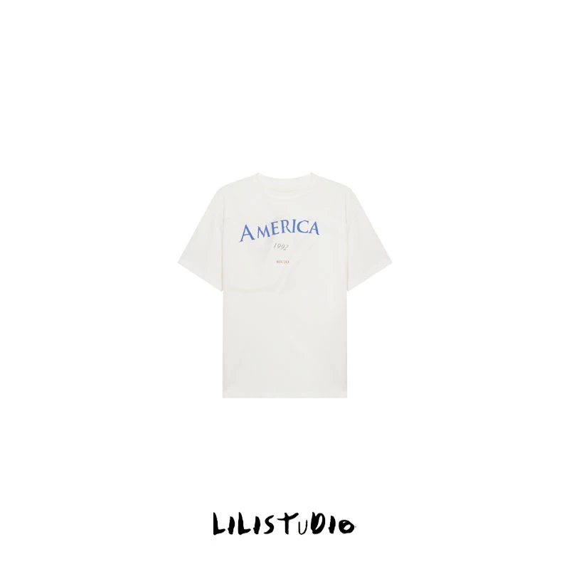 「美式风尚」不理理夏季新款女装百搭宽松字母白色圆领短袖女款