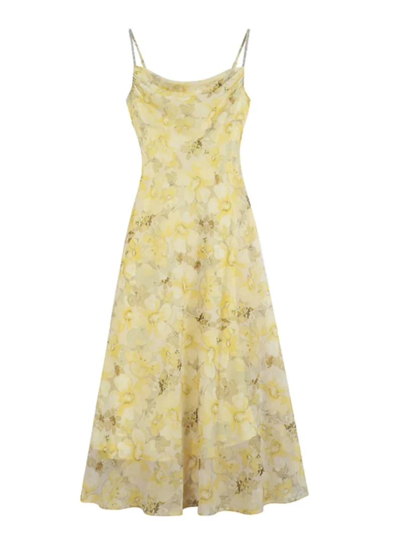 无袖高腰吊带花色套头A字裙连衣裙夏季碎花长裙