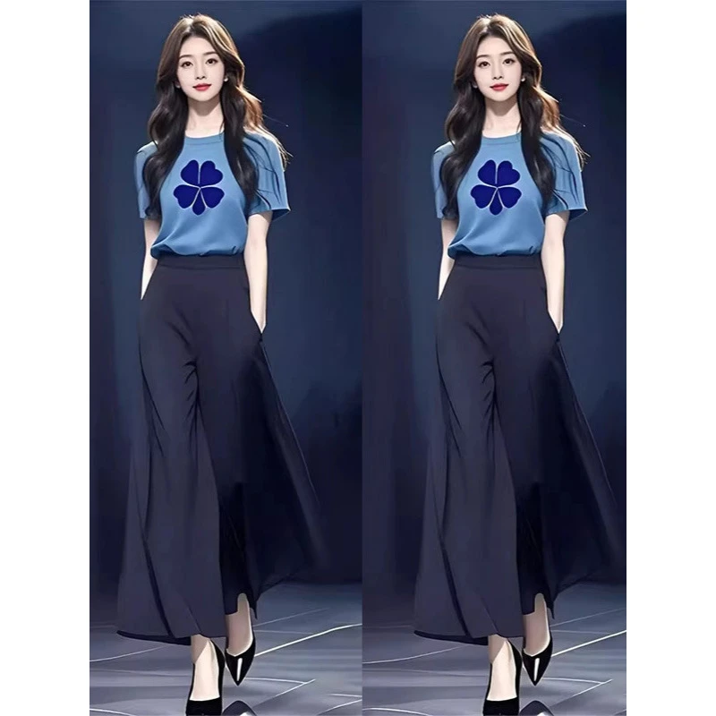 夏季穿搭一整套休闲通勤女装高级感欧货时尚小个子短袖两件套装裤