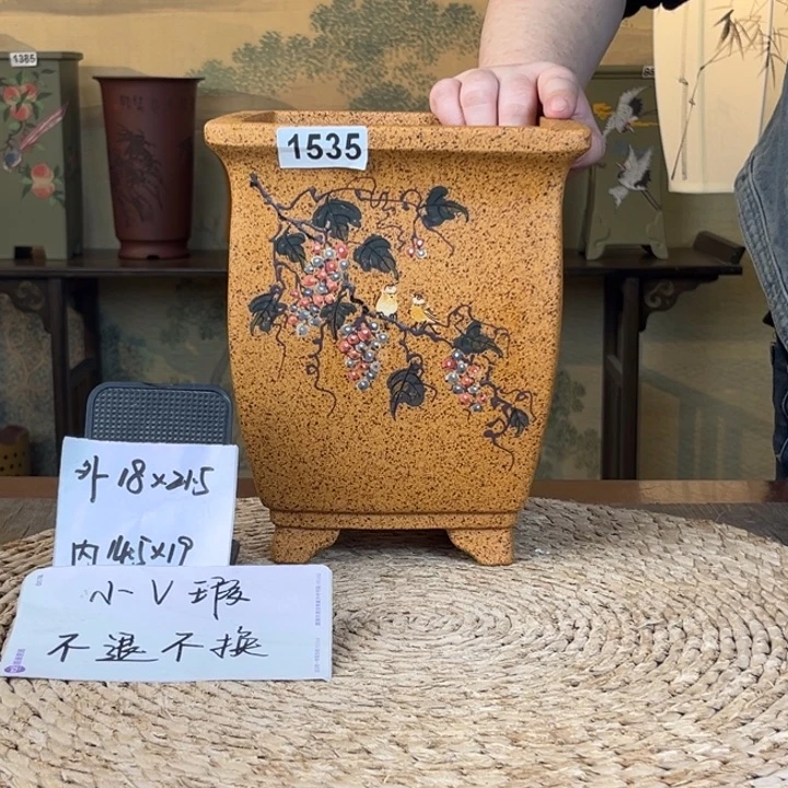 紫砂花盆  微微瑕柴烧葡萄手绘四方1535