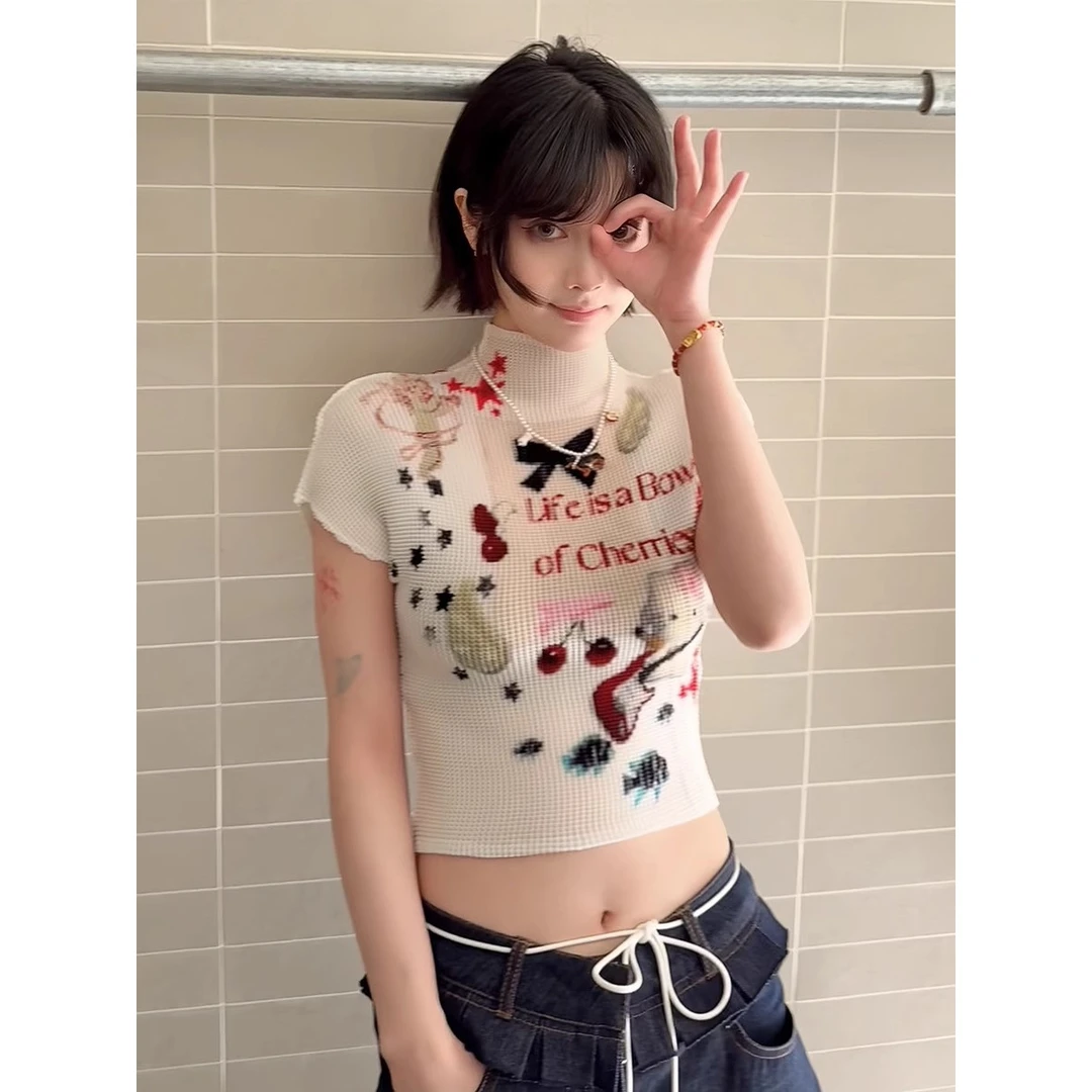 夏日纯欲风印花褶皱半高领短袖t恤女辣妹甜酷个性弹力紧身睡衣女