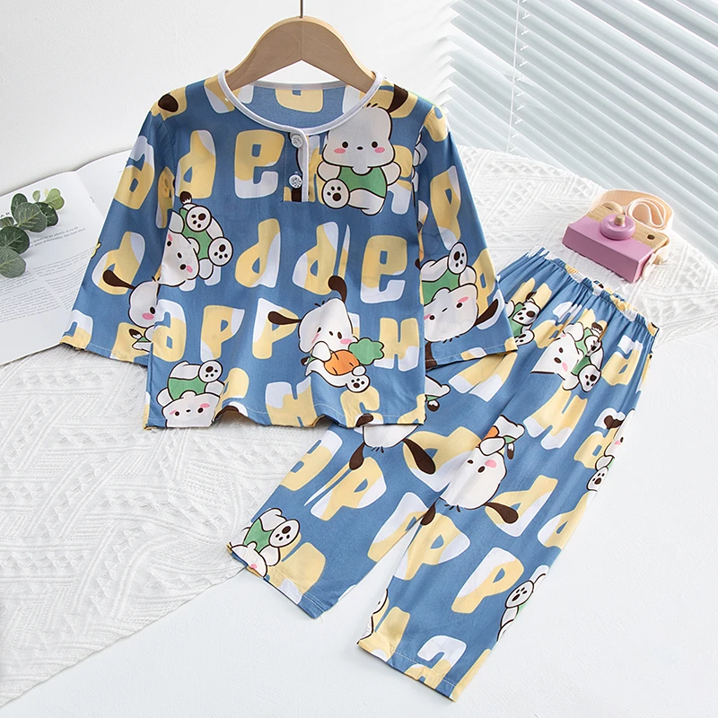 夏季绵绸儿童中大童睡衣套装棉绸女童男童小男孩宝宝人造棉家居服