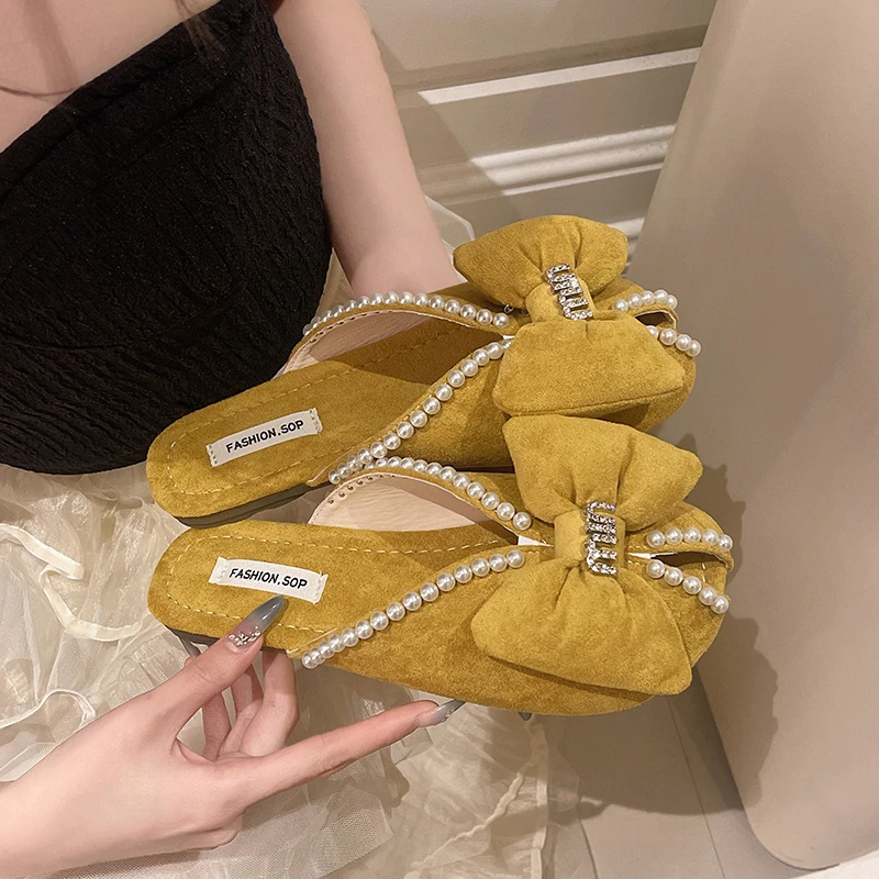 包头半拖鞋女夏季2025新款时尚蝴蝶结镂空鱼嘴拖鞋平底外穿凉拖鞋