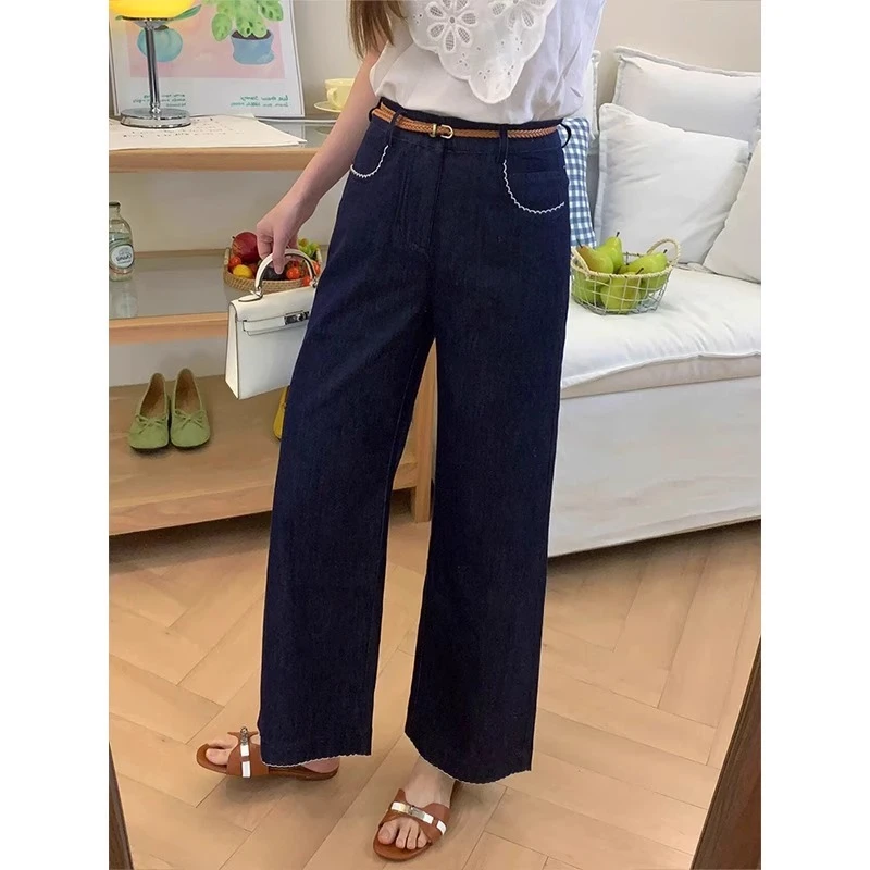 凉感天丝刺绣花边阔腿裤女夏季新款小个子高腰显瘦直筒九分牛仔裤