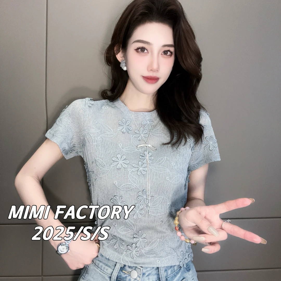 芈芈 2025夏季新款 蕾丝花朵时尚显瘦短袖T恤女修身百搭上衣4670#