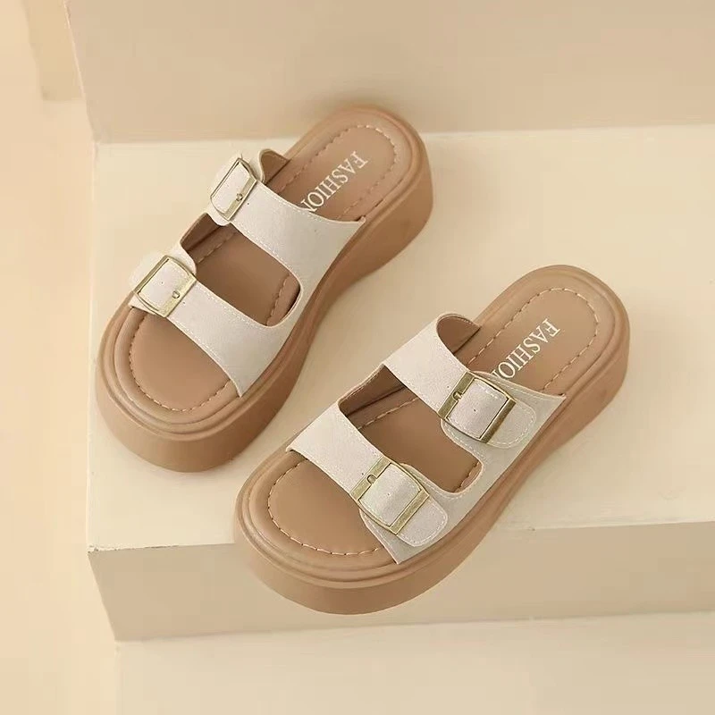 断码真皮厚底勃肯拖鞋女夏外穿2025夏季新款增高沙滩凉鞋一字拖鞋