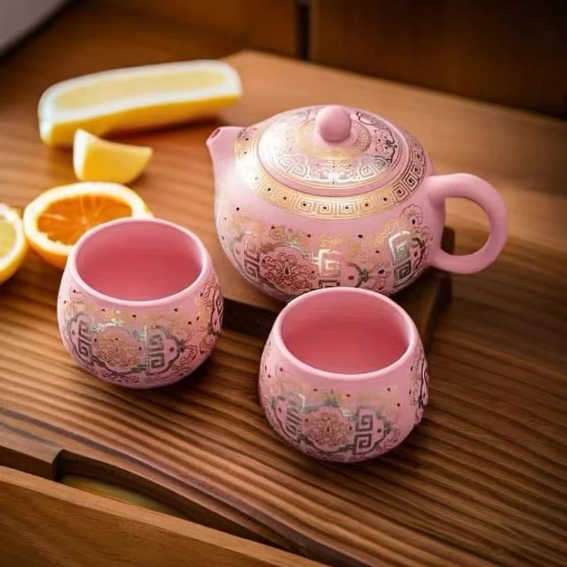 茶具-粉泥金银措凤鸣西施壶+粉泥金银措客杯*4+茶盘（无礼盒）家用
