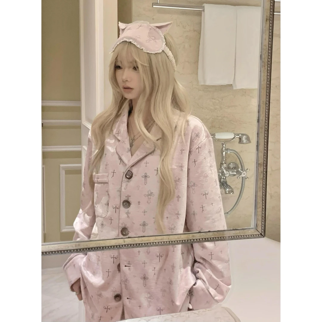 韩版设计感小众衬衫德绒睡衣女秋冬款长袖长裤大码休闲家居服套装