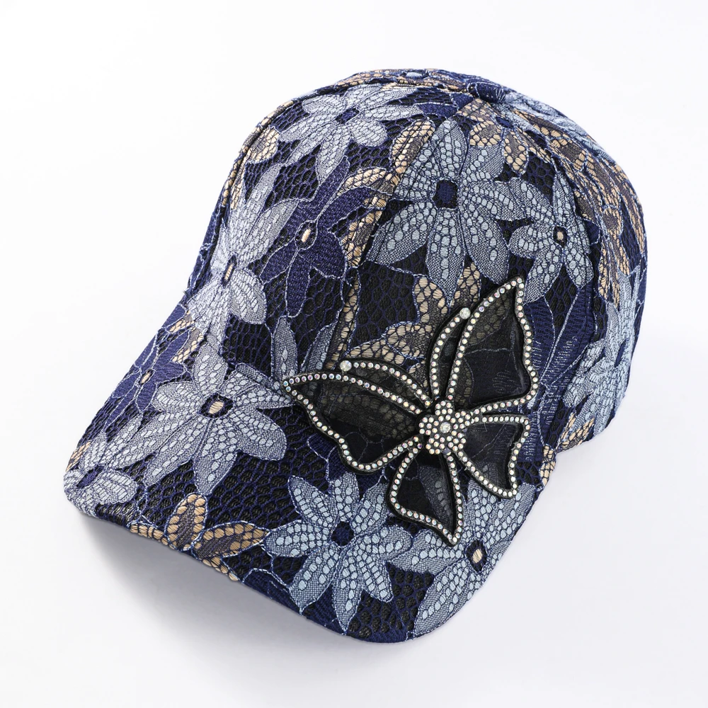 新款春夏帽子女洋气蕾丝蝴蝶鸭舌帽花朵优雅高档薄款棒球帽网帽女