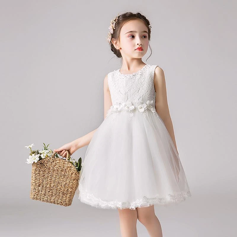 女童礼服白色公主裙夏季蓬蓬纱洋气小女孩比赛主持人儿童演出服装