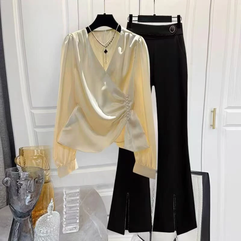 【纪朵研】8030#秋季时尚气质减龄套装长袖衬衫微喇裤两件套女