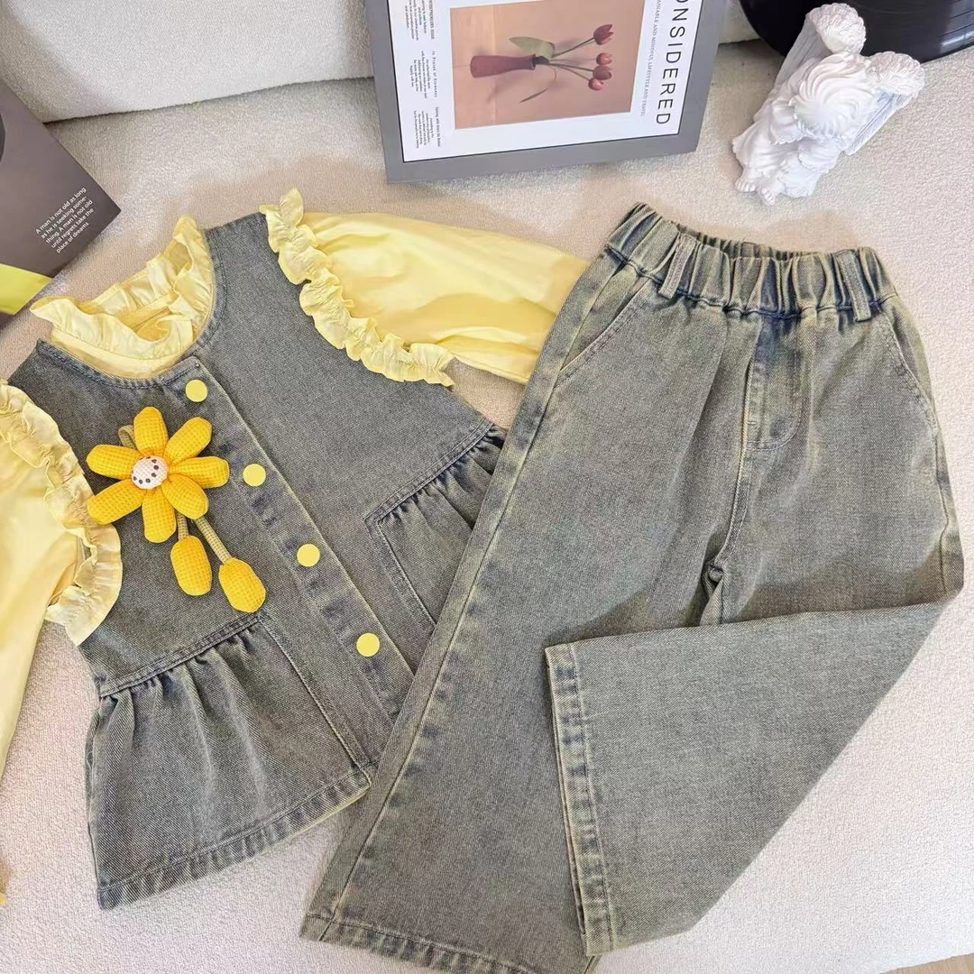 女童套装春秋2025新款洋气儿童牛仔马甲网红小女孩秋装衬衫三件套