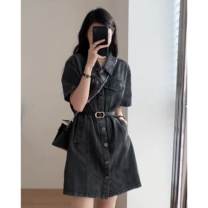 法式复古polo短袖工装牛仔连衣裙女夏季a字裙子直筒衬衫短裙