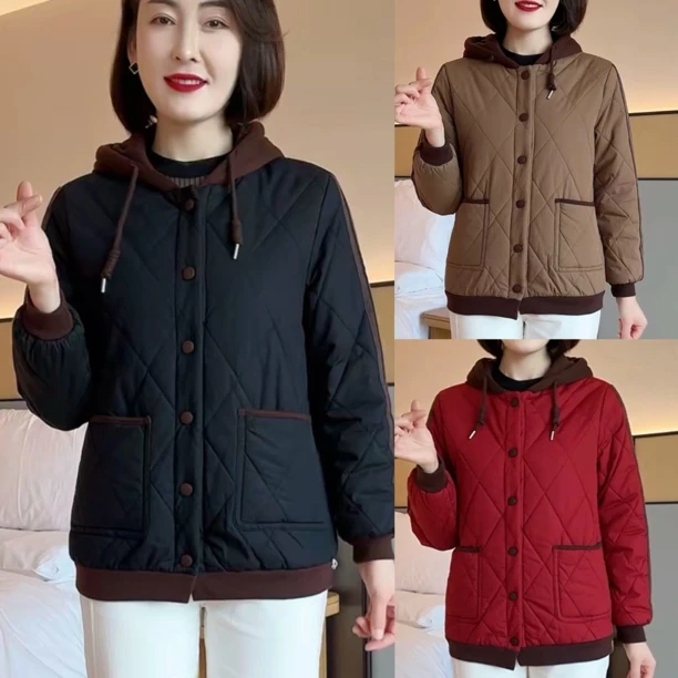 冬季加绒加厚中老年妈妈连帽棉服短款保暖休闲女装外套棉袄