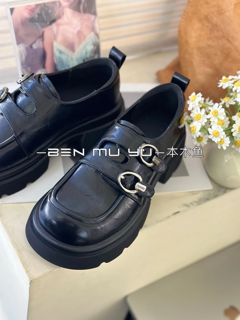 松糕厚底小皮鞋女2025春季新款黑色乐福鞋一脚蹬魔术贴乐福鞋