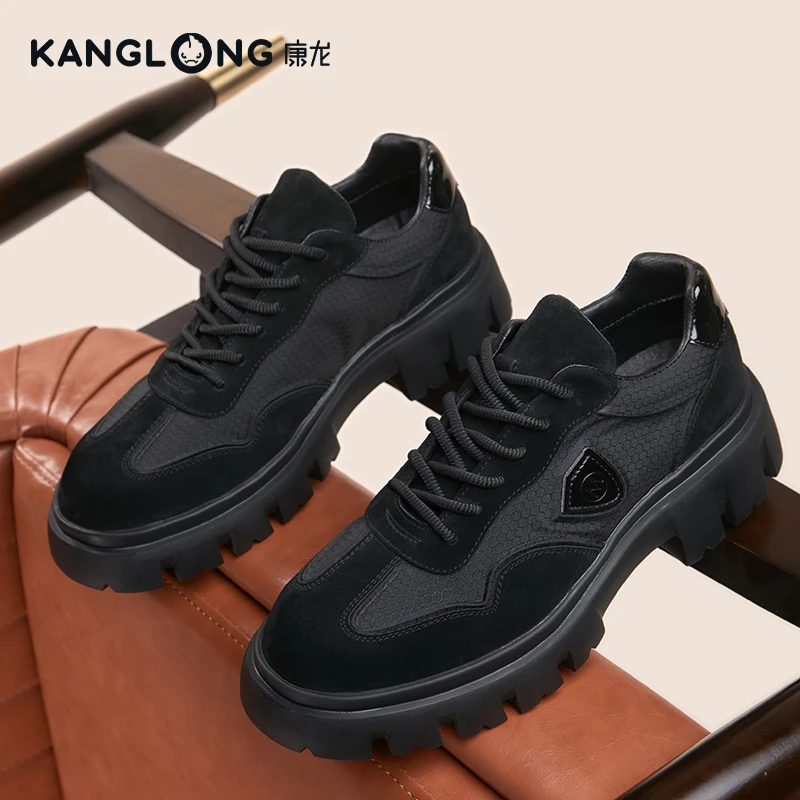 康龙厚底增高休闲男士皮鞋潮流软底系带潮流百搭黑色商务正装皮鞋