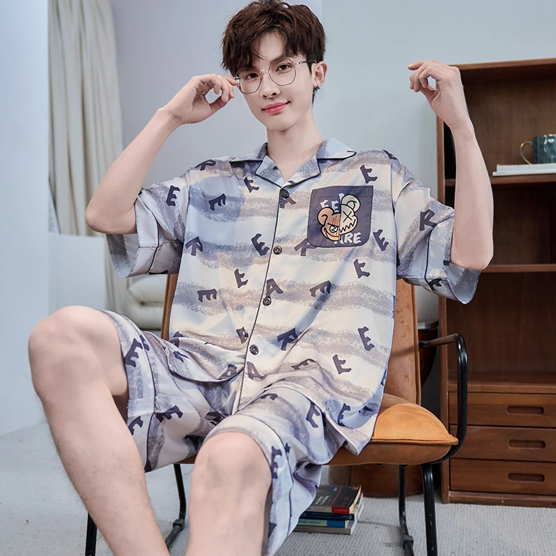冰丝睡衣男士夏天薄款短袖夏季冰丝开衫宽松青少年大码家居服套装