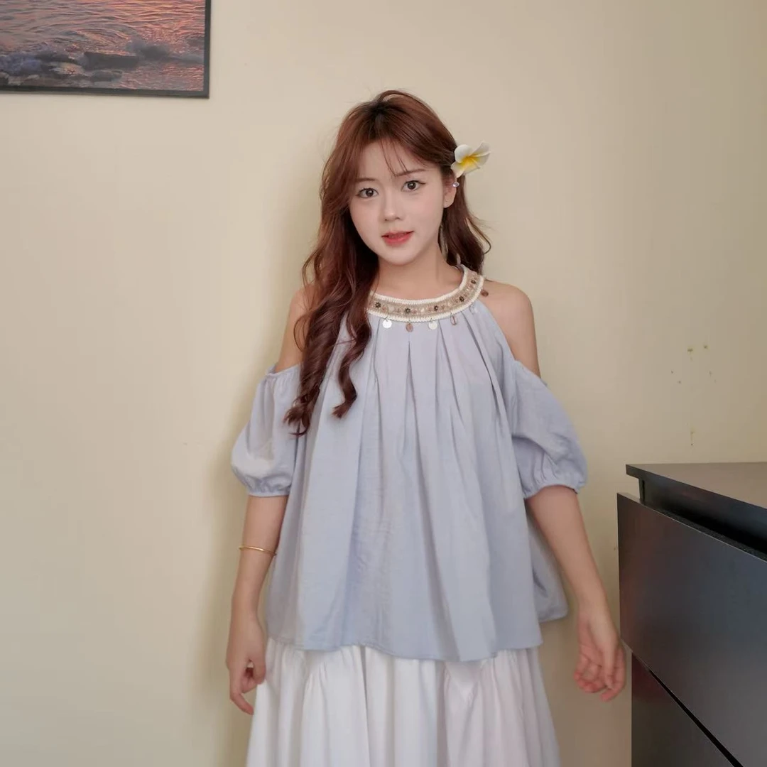 小个子韩版露肩衬衫甜美设计感温柔风减龄挂脖宽松时尚气质上衣