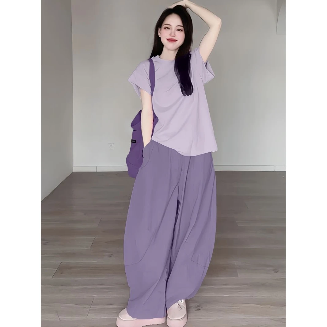 2025夏季美式复古紫色圆领短袖T恤搭配小个子高腰休闲显瘦裤子
