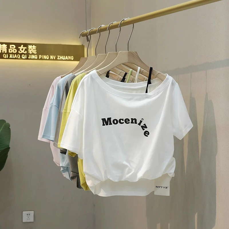 韩系潮流甜辣设计感字母印花斜领露肩吊带T恤女夏款宽松短款上衣