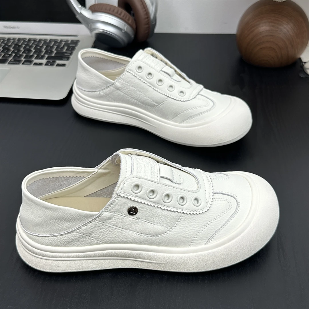 真皮平底小白鞋女2025春秋新款休闲百搭圆头一脚蹬懒人两穿板鞋