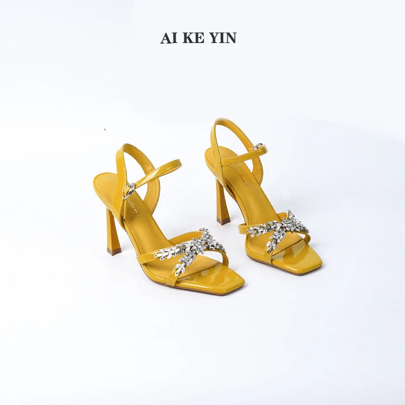 【艾珂茵】春夏季新款方头交叉镶钻带一字带细跟高跟鞋凉鞋时尚