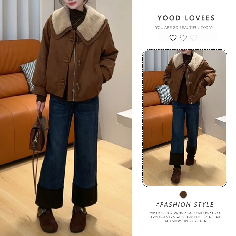 咖色复古毛毛一体大翻领厚外套2025新款女冬小个子工装厚夹克棉服