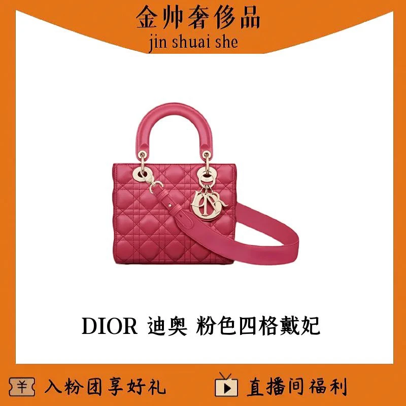 99新 DIOR/迪奥 粉红色/四格戴妃/新款/肩带手提/单肩包/B5098