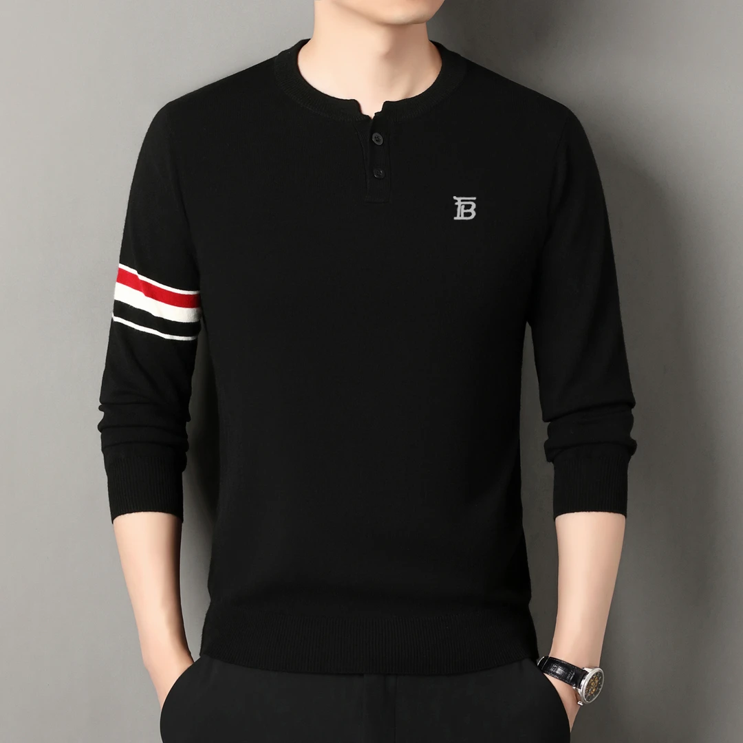 【专柜正品】冬季潮流轻奢圆领毛衣加厚长袖刺绣条纹百搭羊毛针织衫