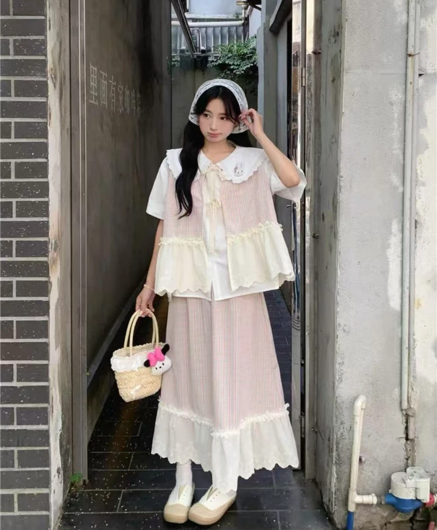 拼接夏季宽松型娃娃领上衣半身裙马甲大码时尚套装三件套25008