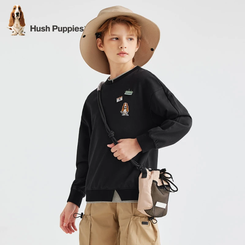 暇步士童装秋季新款圆领套头时尚百搭假两件宽松休闲长袖卫衣