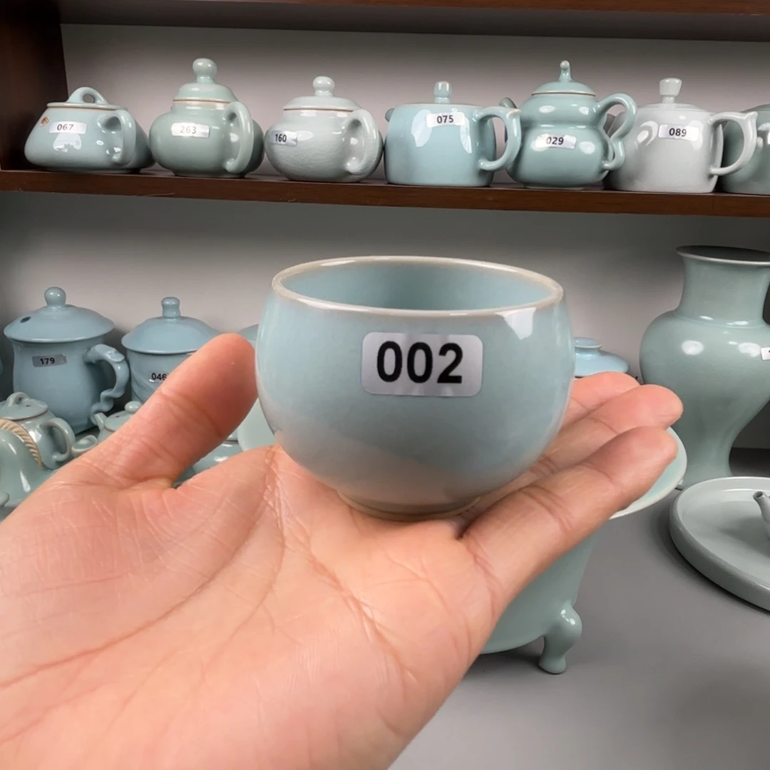 摆件陶汝瓷龙蛋杯圈足烧天青釉开播福利