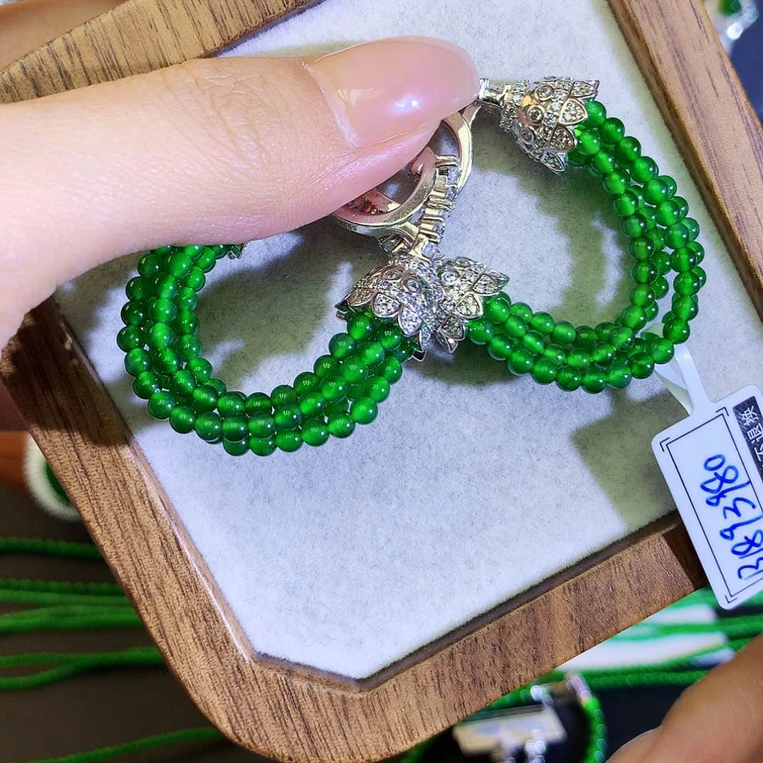 翡翠耳饰银S925镶嵌天然翡翠米珠耳包