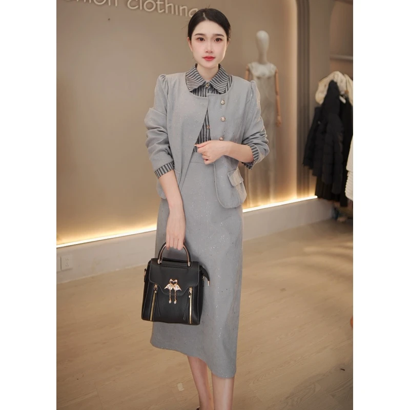 8059#秋冬新款长袖拼接连衣裙收腰显瘦遮肉气质减龄中长款百搭裙