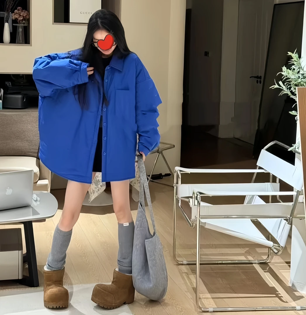 清妍 韩系秋冬新款大码纯色单排系扣休闲长袖薄棉外套6591