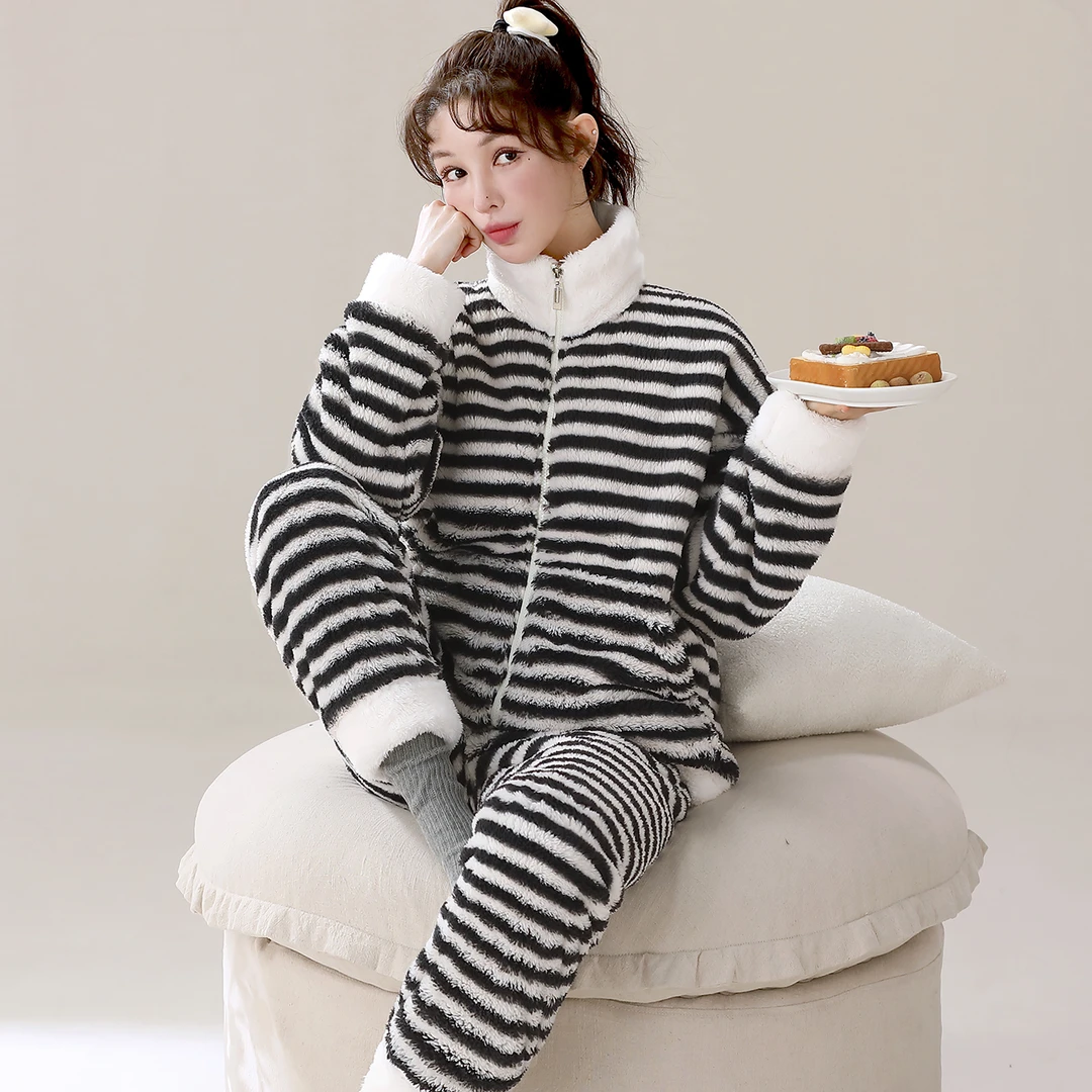 【黑白条纹】女秋冬季可外穿家居服加绒加厚休闲毛绒睡衣两件套装