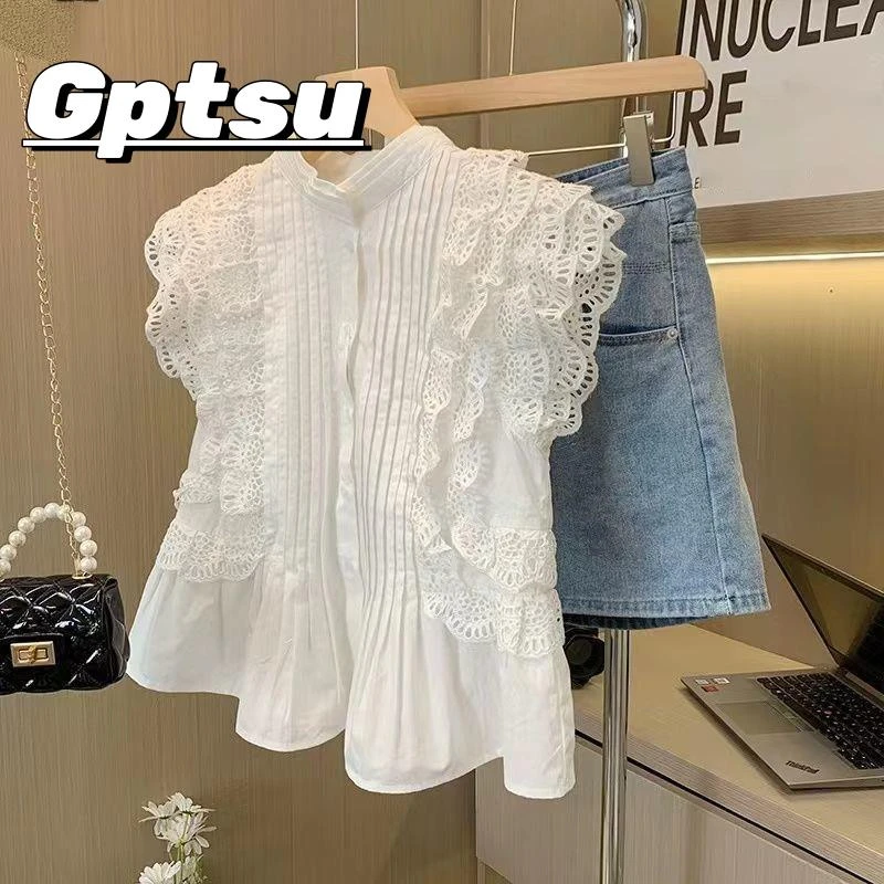 GPTSu高端女装法式重工蕾丝飞飞袖衬衫短款夏季时尚百搭上衣小衫