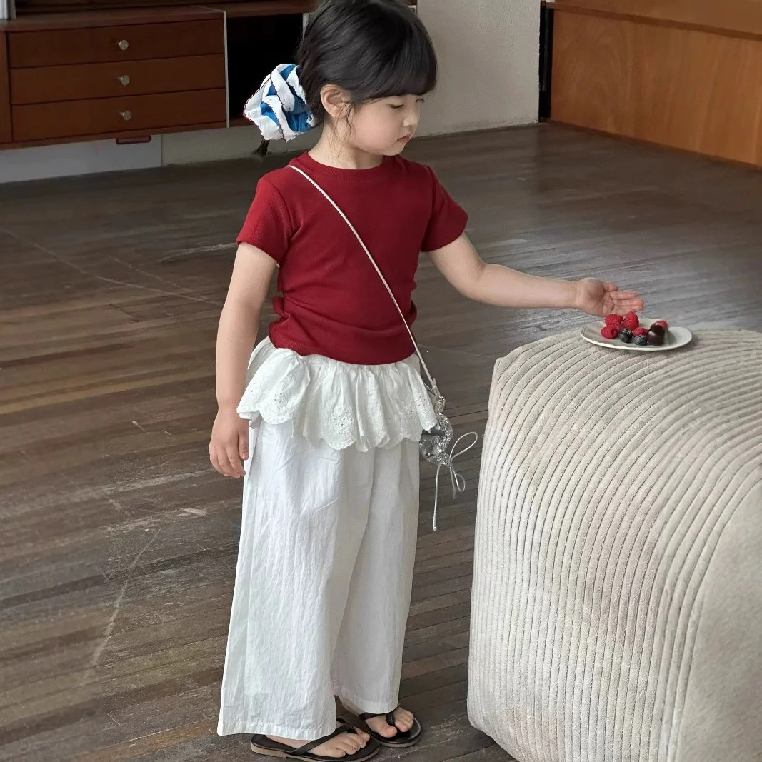 韩国童装女童短袖T恤套装夏季女宝宝洋气红色系带上衣休闲屁帘裤