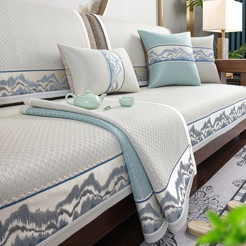 新中式冰丝沙发垫夏季2025新款凉席坐垫子实木沙发套罩靠背巾盖布