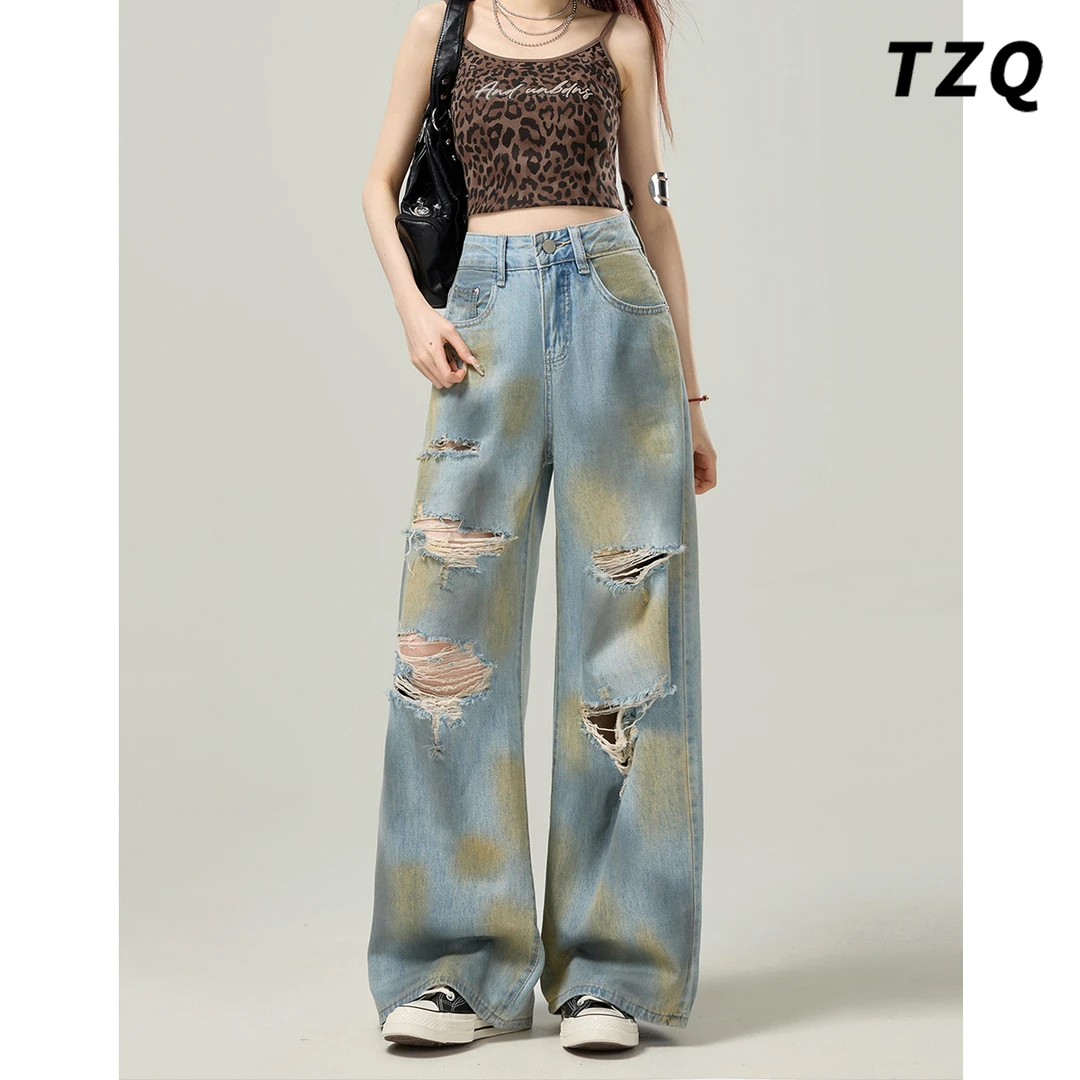 高腰破洞阔腿牛仔裤女2025夏季新款撞色百搭宽松直筒裤TZQ2541129