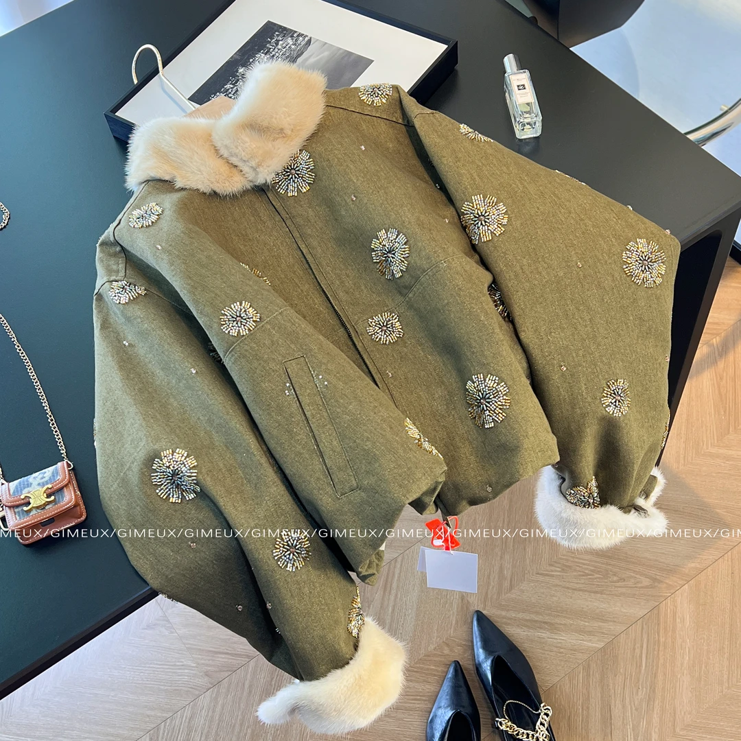 轻奢重工钉珠水貂毛领短外套女冬2025新款洋气加厚气质国风棉服