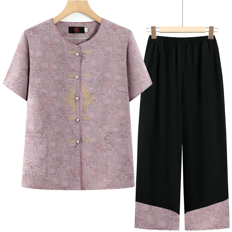 中老年女装夏天休闲套装洋气妈妈装绣花短袖开衫上衣奶奶装两件套