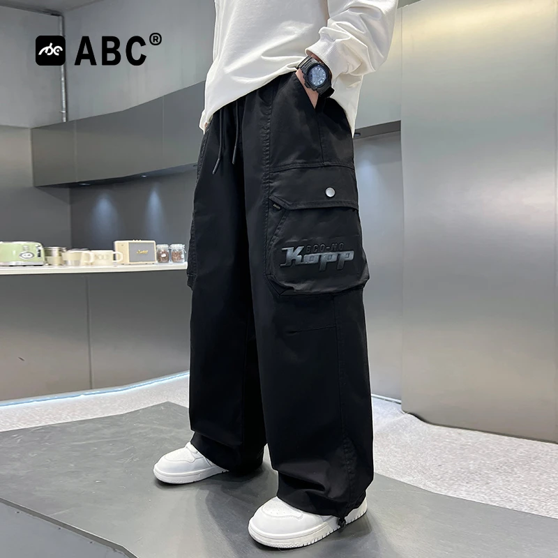 ABC男童字母印花工装裤春秋2025儿童卫裤中大童春装直筒休闲裤潮