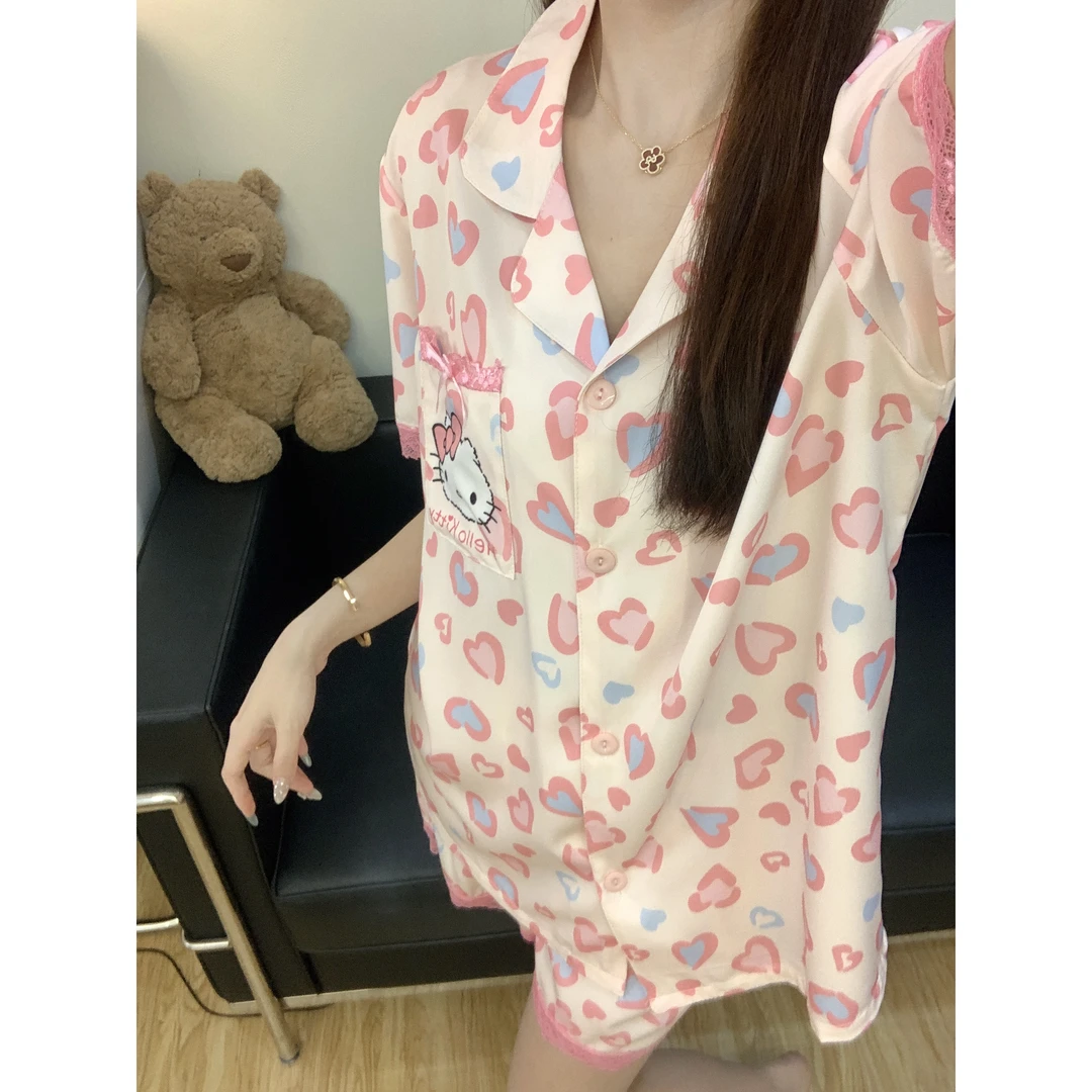 新款爆款时尚舒适软冰丝可外穿短袖短裤两件套冰丝家居服套装