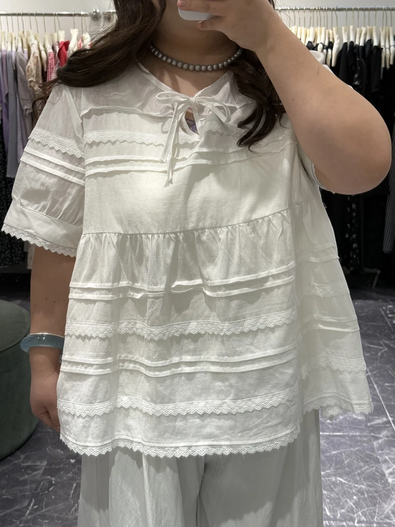 6703法式短袖雪纺衬衫女夏季新款时尚别致蕾丝边娃娃衫上衣