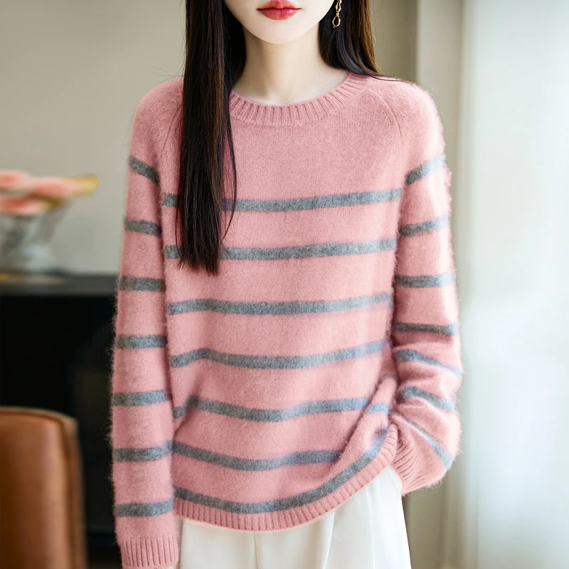 韩系撞色条纹纯羊毛翻领毛衣女秋冬季奶fufu慵懒风高领针织衫上衣